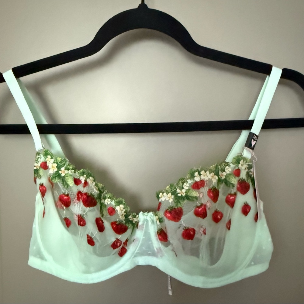 Victoria’s Secret Embroidered Strawberry Bra in Mint Green - 34D